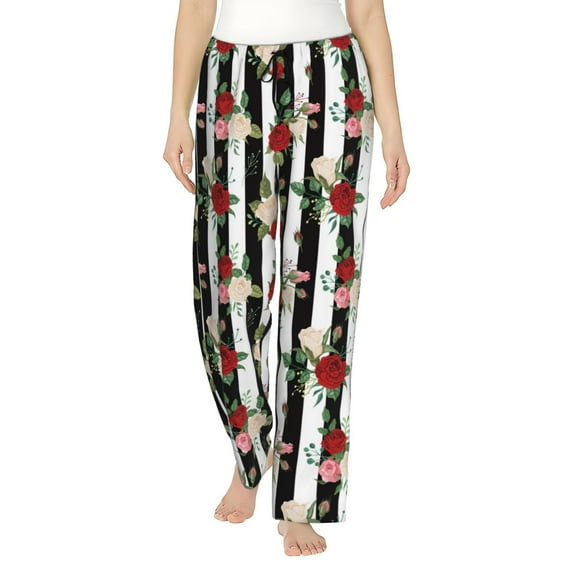 Uemuo Rose Flowers Pattern Women's Wide Leg Palazzo Lounge Pants with Pockets Light Weight Loose Comfy Casual Pajama Pants-XX-Large
