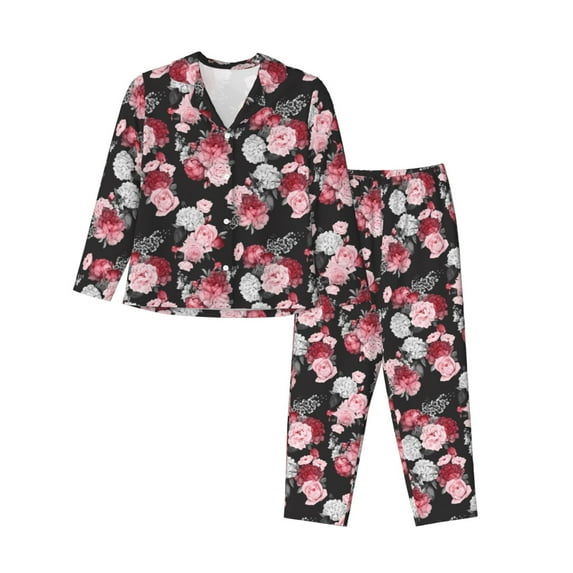 Uemuo Rose Flowers Pattern Womens Pajama Sets,PJ Set for Women,Pajamas for Women Logo,Long Sleeve Pajama Set for Women,Soft Long Sleeve Top With Pants-Large