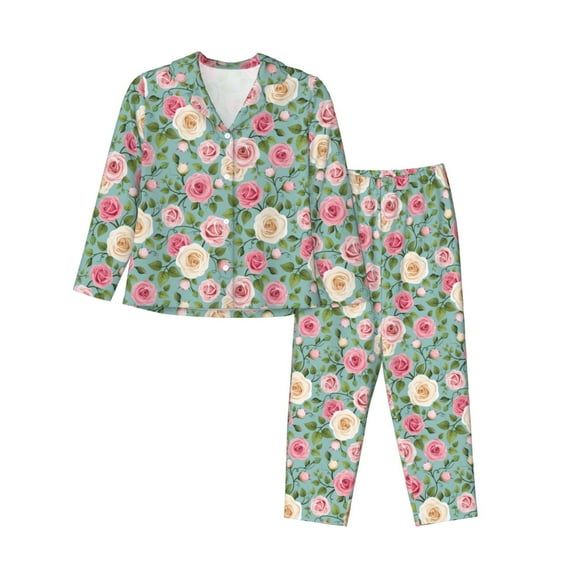 Uemuo Rose Flowers Pattern Womens Pajama Sets,PJ Set for Women,Pajamas for Women Logo,Long Sleeve Pajama Set for Women,Soft Long Sleeve Top With Pants-Medium