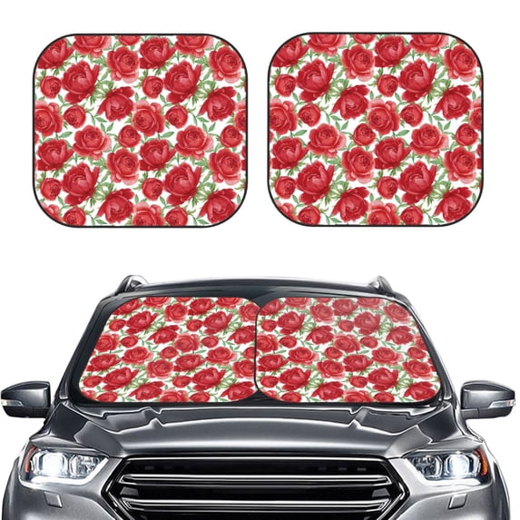 Uemuo Rose Flowers Printed 2 PCS Car Windshield Sun Shade, Auto Sun Heat and UV Rays Blocker, Foldable Automotive Front Window Sunshade Protector