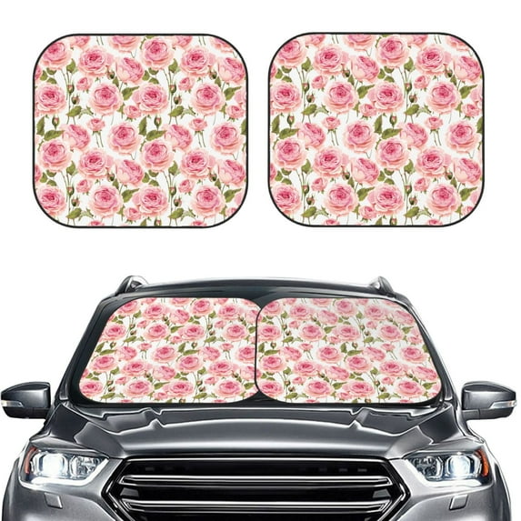 Uemuo Rose Flowers Printed 2 PCS Car Windshield Sun Shade, Auto Sun Heat and UV Rays Blocker, Foldable Automotive Front Window Sunshade Protector