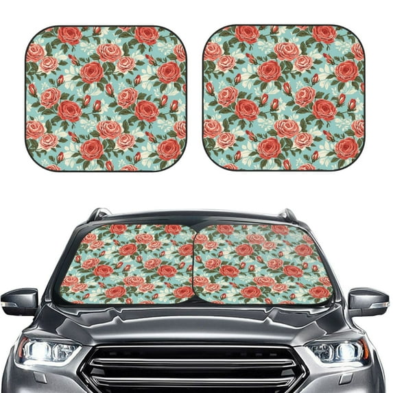Uemuo Rose Flowers Printed 2 PCS Car Windshield Sun Shade, Auto Sun Heat and UV Rays Blocker, Foldable Automotive Front Window Sunshade Protector
