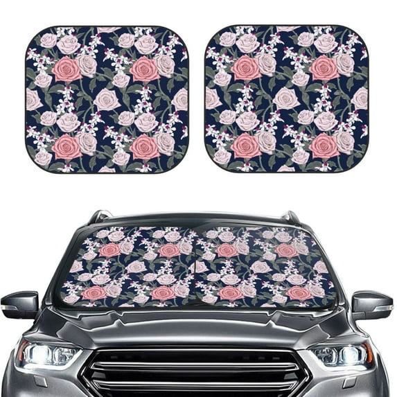 Uemuo Rose Flowers Printed 2 PCS Car Windshield Sun Shade, Auto Sun Heat and UV Rays Blocker, Foldable Automotive Front Window Sunshade Protector