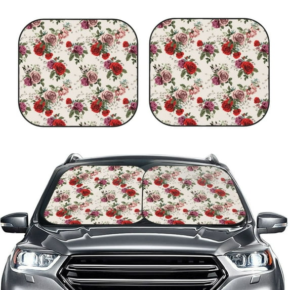 Uemuo Rose Flowers Printed 2 PCS Car Windshield Sun Shade, Auto Sun Heat and UV Rays Blocker, Foldable Automotive Front Window Sunshade Protector