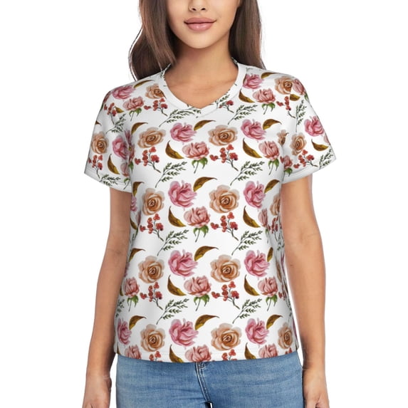 Uemuo Rose Flowers Printed Women's Classic V-Neck T-Shirt - Soft, Breathable, Moisture-Wicking, Perfect for Casual, Office, Travel, and Everyday Wear-Small