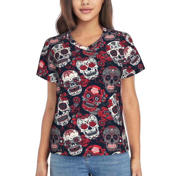 Uemuo Rose Flowers Printed Women's Classic V-Neck T-Shirt - Soft, Breathable, Moisture-Wicking, Perfect for Casual, Office, Travel, and Everyday Wear-XX-Large