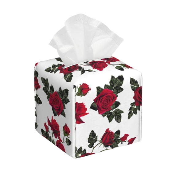 Uemuo Rose Flowers Tissue Box Cover Holder, Square with Bottom Belt - PVC Leather Decorative Organizer for Tabletop, Bathroom, Car, Office