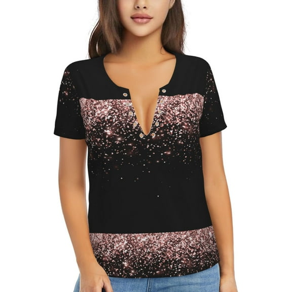 Uemuo Rose Gold Glitter1 Drawing Women's Deep V-Neck Low Cut Tops - Casual Loose Fit with Stainless Steel Loop, Soft, Breathable, Perfect for Office, Travel, and Daily Wear-Small