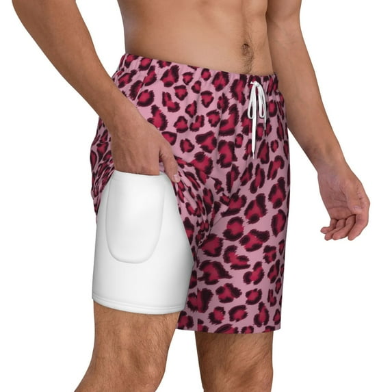 Uemuo Rose Leopard Print Pattern Mens Swim Trunks Quick Dry Board Shorts with Mesh Lining, Stretch Beach Shorts Quick Dry No-Chafing Board Shorts-Small