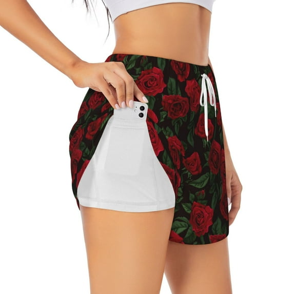 Uemuo Rose Pattern Women's Athletic Shorts High Waisted Running Shorts with Liner Pockets Gym Elastic Workout Shorts-Large