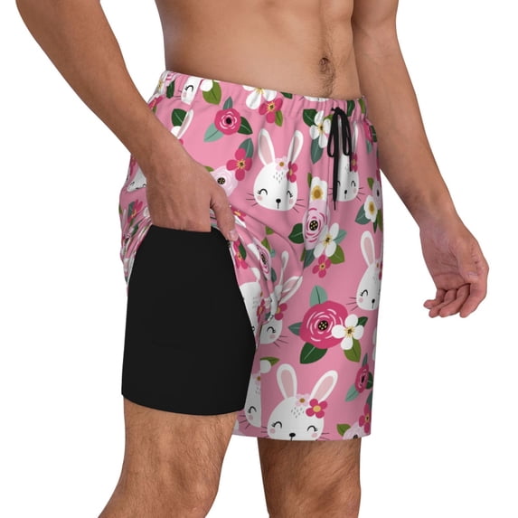 Uemuo Rose Rabbit Pattern Mens Swim Trunks Quick Dry Board Shorts with Mesh Lining, Stretch Beach Shorts Quick Dry No-Chafing Board Shorts-Large