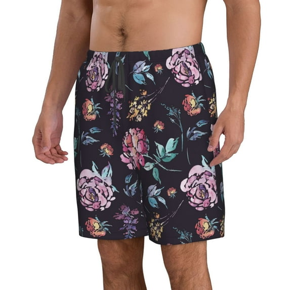 Uemuo Roses Flowers Pattern Men's Swim Trunks Hawaiian Beach Bathing Suit Swimsuits Beach Quick-Dry Shorts with Pockets-Medium