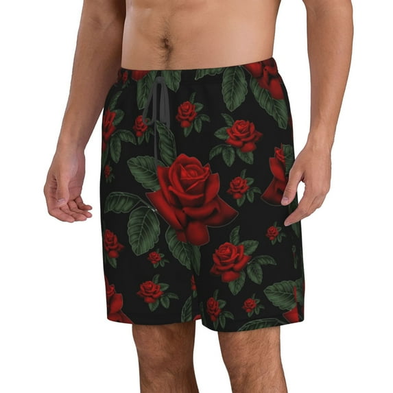 Uemuo Roses Pattern Men's Swim Trunks Hawaiian Beach Bathing Suit Swimsuits Beach Quick-Dry Shorts with Pockets-Large