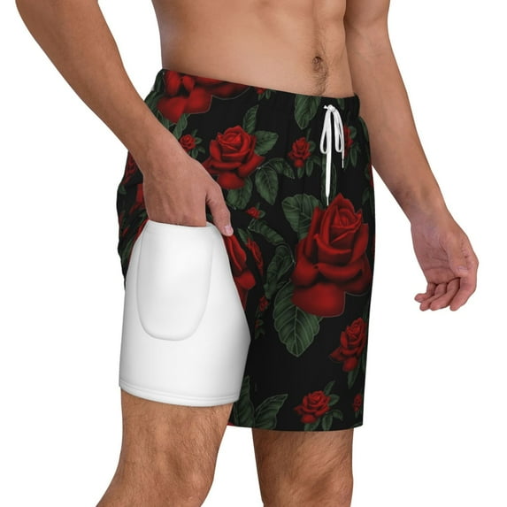 Uemuo Roses Pattern Mens Swim Trunks Quick Dry Board Shorts with Mesh Lining, Stretch Beach Shorts Quick Dry No-Chafing Board Shorts-XX-Large
