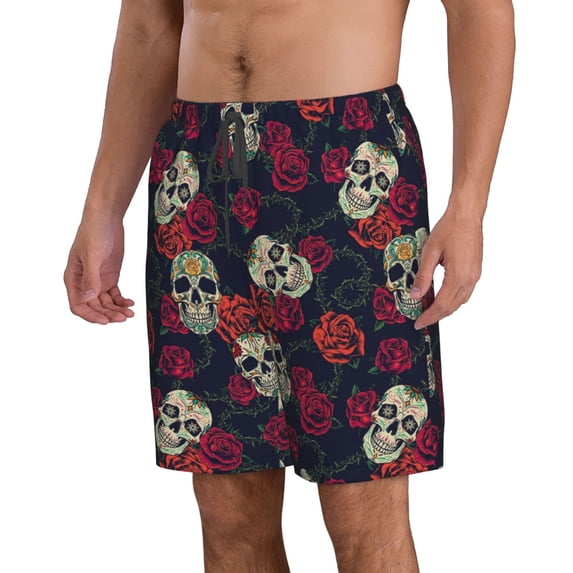 Uemuo Roses Skulls Pattern Men's Swim Trunks Hawaiian Beach Bathing Suit Swimsuits Beach Quick-Dry Shorts with Pockets-3X-Large