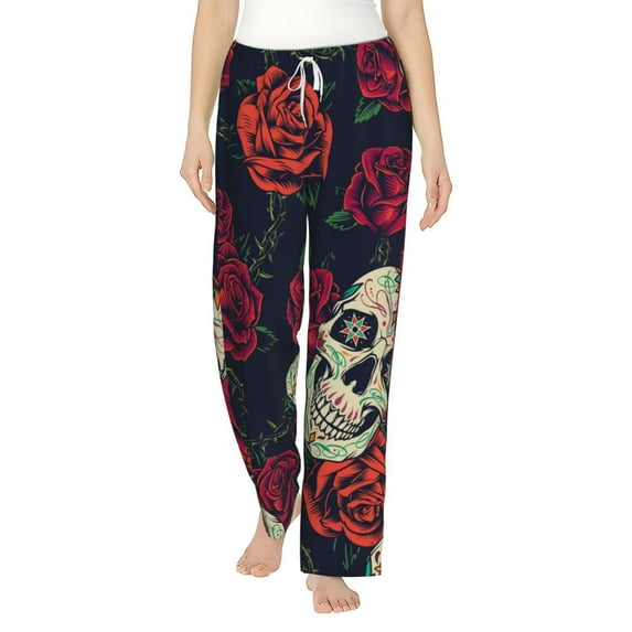 Uemuo Roses Skulls Pattern Women's Wide Leg Palazzo Lounge Pants with Pockets Light Weight Loose Comfy Casual Pajama Pants-X-Large