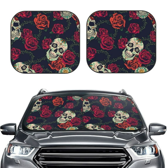 Uemuo Roses Skulls Printed 2 PCS Car Windshield Sun Shade, Auto Sun Heat and UV Rays Blocker, Foldable Automotive Front Window Sunshade Protector