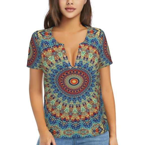 Uemuo Round Mandala Drawing Women's Deep V-Neck Low Cut Tops - Casual Loose Fit with Stainless Steel Loop, Soft, Breathable, Perfect for Office, Travel, and Daily Wear-Large