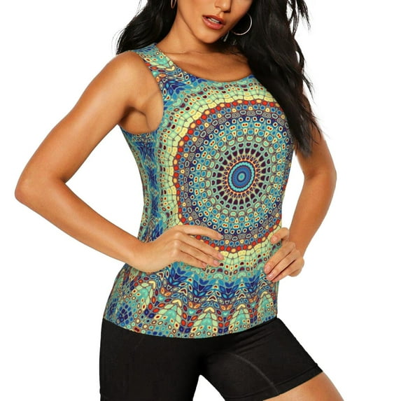 Uemuo Round Mandala1 Pattern Workout Tank Tops for Women Breathable Moisture-wicking tank top Sleeveless Running Loose Fit Yoga Tops Active Shirts Sports Gym Exercise