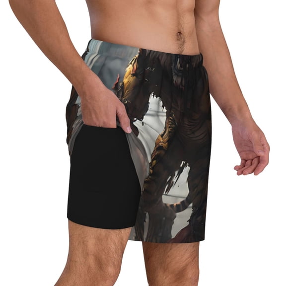 Uemuo Ruins Tiger Warrior Pattern Mens Swim Trunks Quick Dry Board Shorts with Mesh Lining, Stretch Beach Shorts Quick Dry No-Chafing Board Shorts-Small
