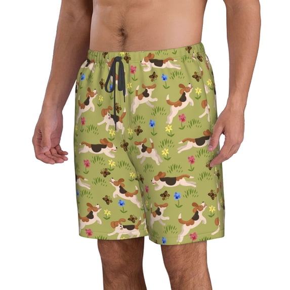 Uemuo Running Beagle Pattern Men's Swim Trunks Hawaiian Beach Bathing Suit Swimsuits Beach Quick-Dry Shorts with Pockets-Large