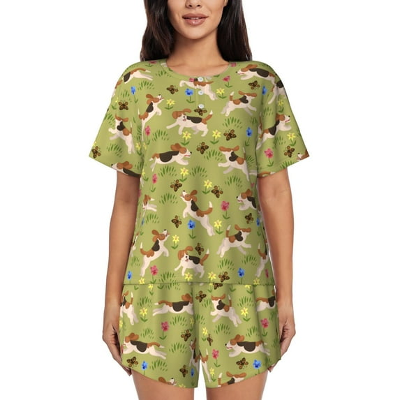 Uemuo Running Beagle Pattern Women's Short-Sleeved Pajama, Button-Front Loungewear, 2-Piece Summer Sleepwear, Elastic Drawstring Shorts-XX-Large