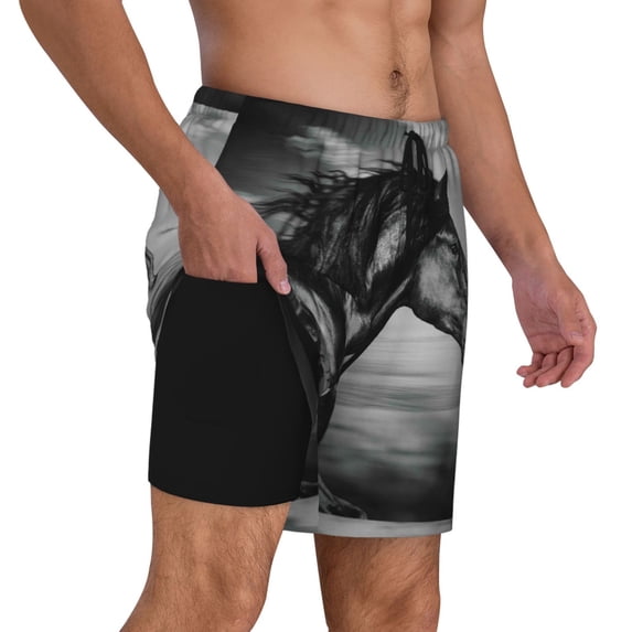 Uemuo Running Horse Pattern Mens Swim Trunks Quick Dry Board Shorts with Mesh Lining, Stretch Beach Shorts Quick Dry No-Chafing Board Shorts-Large