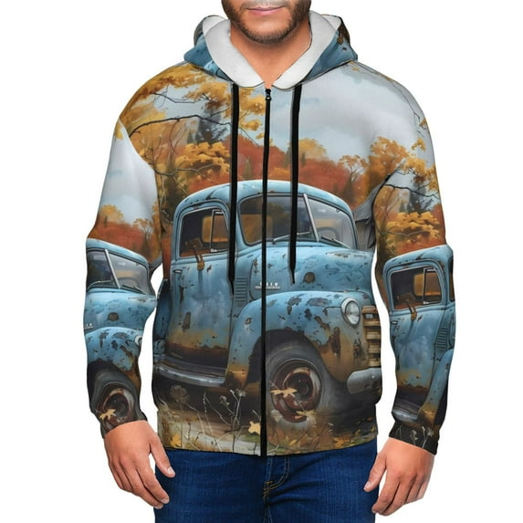 Uemuo Rustic Vintage Truck Autumn for Men's Fashion Full-zip Hoodies & Sweatshirts with Kangaroo Pocket, Zip-up Hooded Sweatshirt, Moisture Wicking & Breathable-Medium