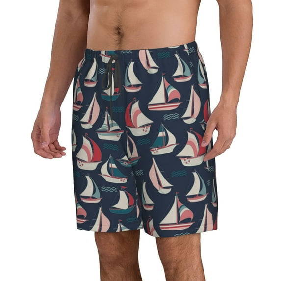 Uemuo Sailboat And Wave Pattern Men's Swim Trunks Hawaiian Beach Bathing Suit Swimsuits Beach Quick-Dry Shorts with Pockets-Large