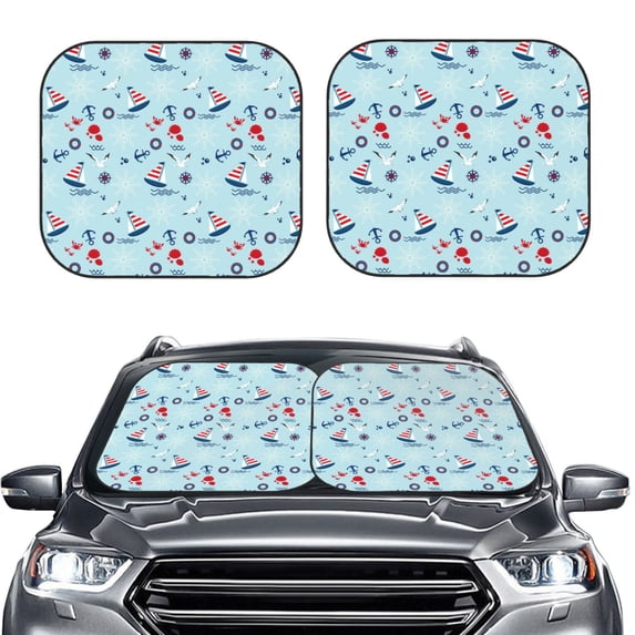 Uemuo Sailboats Anchors Printed 2 PCS Car Windshield Sun Shade, Auto Sun Heat and UV Rays Blocker, Foldable Automotive Front Window Sunshade Protector