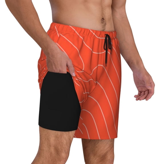 Uemuo Salmon Fish Meat Pattern Mens Swim Trunks Quick Dry Board Shorts with Mesh Lining, Stretch Beach Shorts Quick Dry No-Chafing Board Shorts-Small