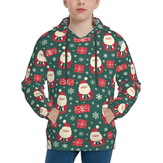 Uemuo Santa Claus Pattern Hooded Sweatshirt for Youth Pullover with Kangaroo Pocket Trendy youth sweatshirt Casual Hoodie for Boys and Girls-Small
