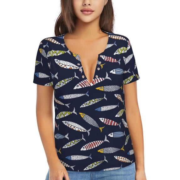 Uemuo Sardine Drawing Women's Deep V-Neck Low Cut Tops - Casual Loose Fit with Stainless Steel Loop, Soft, Breathable, Perfect for Office, Travel, and Daily Wear-Large