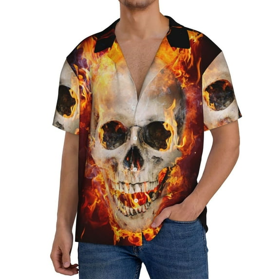 Uemuo Satanic Skull Pattern Cotton Linen Short Sleeve Shirts,Casual Lightweight Button Down Shirts,Vacation Beach Summer Tops-Medium