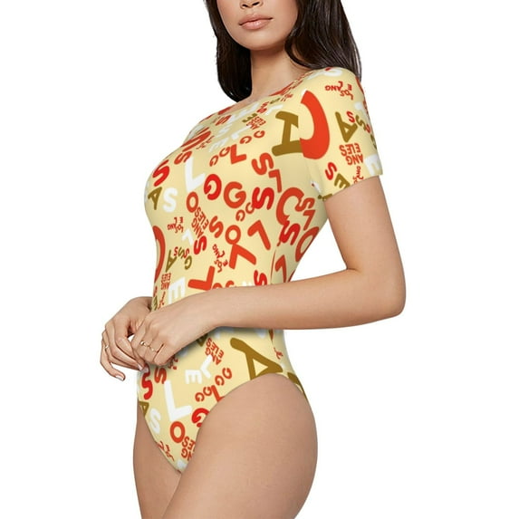 Uemuo Scandinavian Alphabet2 Pattern Women's One Piece Short Sleeve Swimsuit Rash Guard Surfing Modest Quick-drying Swimsuit Beach Essentials-Medium