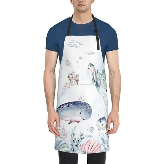 Uemuo Sea Animals Pattern Waterproof Apron Adjustable Dishwasher Apron- Apron for Women Men Heavy Duty Work Apron for Dishwashing Chemical Lab