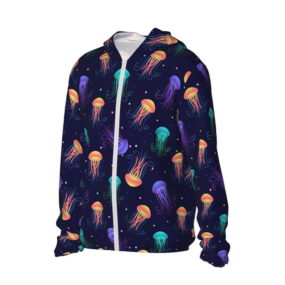 Uemuo Sea Jellyfish Pattern Women's Full Zip UPF 50+ Sun Protection Hoodie Jacket Long Sleeve Sun Shirt Hiking Outdoor Performance with Pockets-X-Large