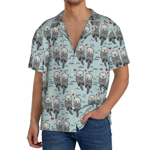 Uemuo Sea Otter Pattern Cotton Linen Short Sleeve Shirts,Casual Lightweight Button Down Shirts,Vacation Beach Summer Tops-XX-Large