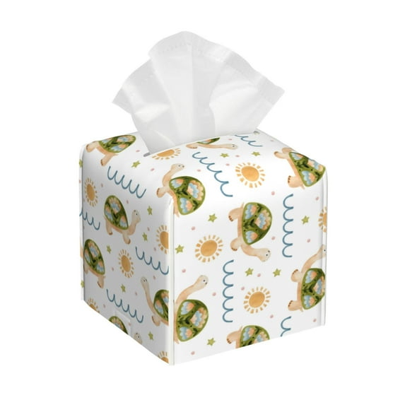 Uemuo Sea Turtle Basking in the Sun Tissue Box Cover Holder, Square with Bottom Belt - PVC Leather Decorative Organizer for Tabletop, Bathroom, Car, Office