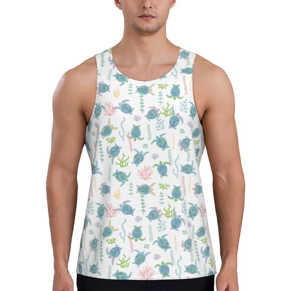 Uemuo Sea Turtle Pattern Men's Muscle Shirts Sleeveless Dry Fit Gym Workout Tank Top Lightweight Sports Tank Top Beach Tank Top, Loose-fit Sleeveless Shirt-Large