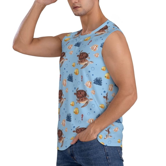 Uemuo Sea Turtle Pattern Men's Sleeveless T-Shirt,Muscle Athletic Tank Top, Moisture-wicking Quick-dry Breathable Classic Tee Top for Gym Run Outdoor Sports-XX-Large