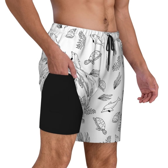 Uemuo Sea Turtle Pattern Mens Swim Trunks Quick Dry Board Shorts with Mesh Lining, Stretch Beach Shorts Quick Dry No-Chafing Board Shorts-Large