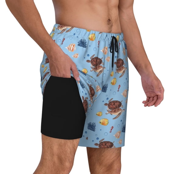 Uemuo Sea Turtle Pattern Mens Swim Trunks Quick Dry Board Shorts with Mesh Lining, Stretch Beach Shorts Quick Dry No-Chafing Board Shorts-Large