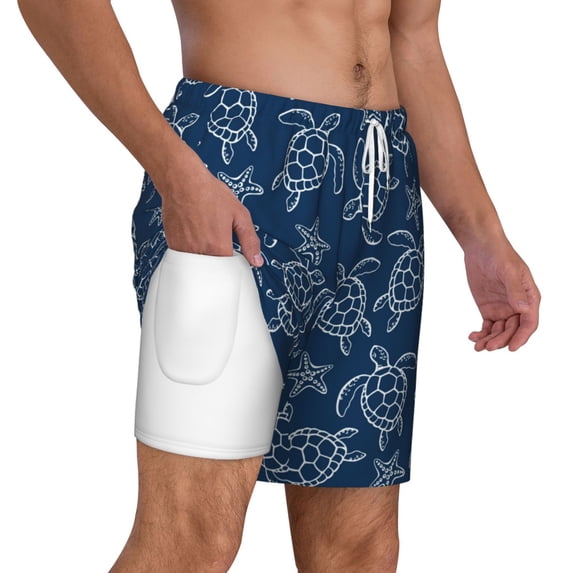Uemuo Sea Turtle Pattern Mens Swim Trunks Quick Dry Board Shorts with Mesh Lining, Stretch Beach Shorts Quick Dry No-Chafing Board Shorts-Large