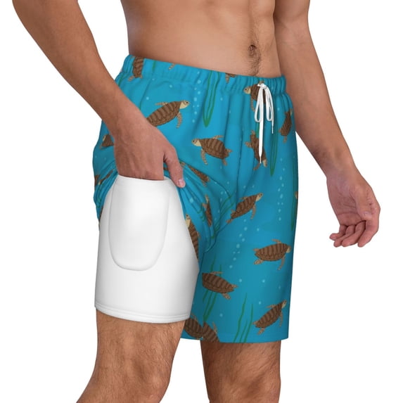 Uemuo Sea Turtle Pattern Mens Swim Trunks Quick Dry Board Shorts with Mesh Lining, Stretch Beach Shorts Quick Dry No-Chafing Board Shorts-X-Large