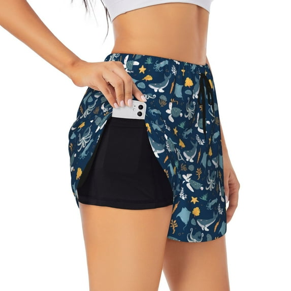 Uemuo Sea Turtle Pattern Women's Athletic Shorts High Waisted Running Shorts with Liner Pockets Gym Elastic Workout Shorts-X-Large