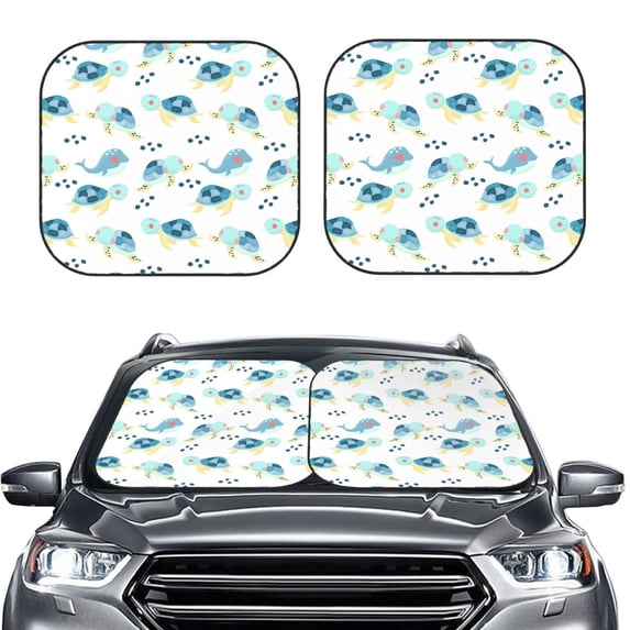 Uemuo Sea Turtle Printed 2 PCS Car Windshield Sun Shade, Auto Sun Heat and UV Rays Blocker, Foldable Automotive Front Window Sunshade Protector