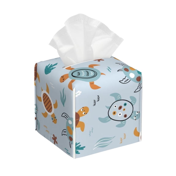 Uemuo Sea Turtle Tissue Box Cover Holder, Square with Bottom Belt - PVC Leather Decorative Organizer for Tabletop, Bathroom, Car, Office