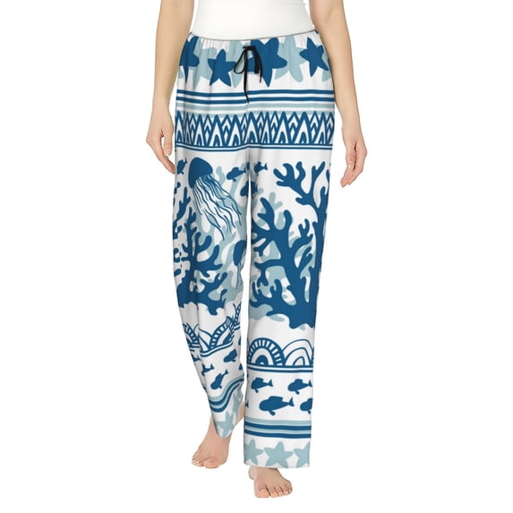 Uemuo Sea Underwater Jellyfish Pattern Women's Wide Leg Palazzo Lounge Pants with Pockets Light Weight Loose Comfy Casual Pajama Pants-X-Large
