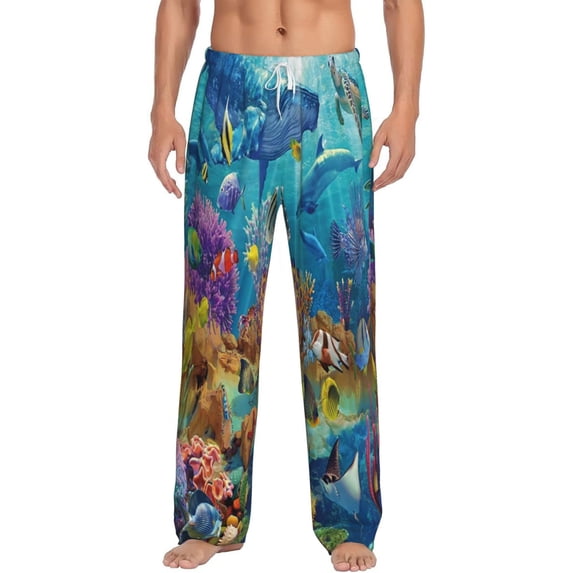 Uemuo Sea World Pattern Men's Wide Leg Palazzo Lounge Pants with Pockets Light Weight Loose Comfy Casual Pajama Pants-Small